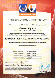 Occupational Health & Safety – AS/NZS 4801:2001 – Certificate No. AHS 1037 & AHS1039