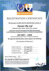 Quality Assurance – ISO 9001:2008 – Certificate No. AU1342 & AU1344